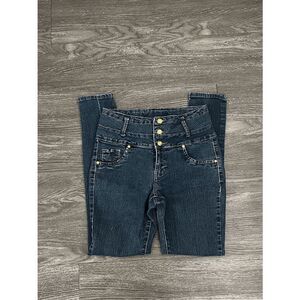 Diamante Juniors Blue Button Fly Skinny Jeans Size 9 Mid Rise Dark Wash Denim